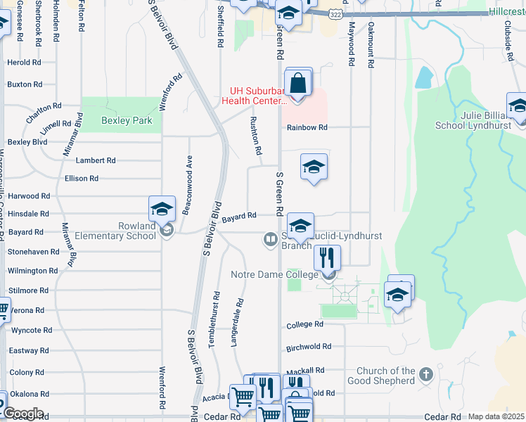 map of restaurants, bars, coffee shops, grocery stores, and more near 4427 Bayard Road in South Euclid