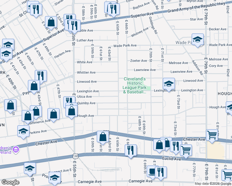 map of restaurants, bars, coffee shops, grocery stores, and more near 6316 Lexington Avenue in Cleveland