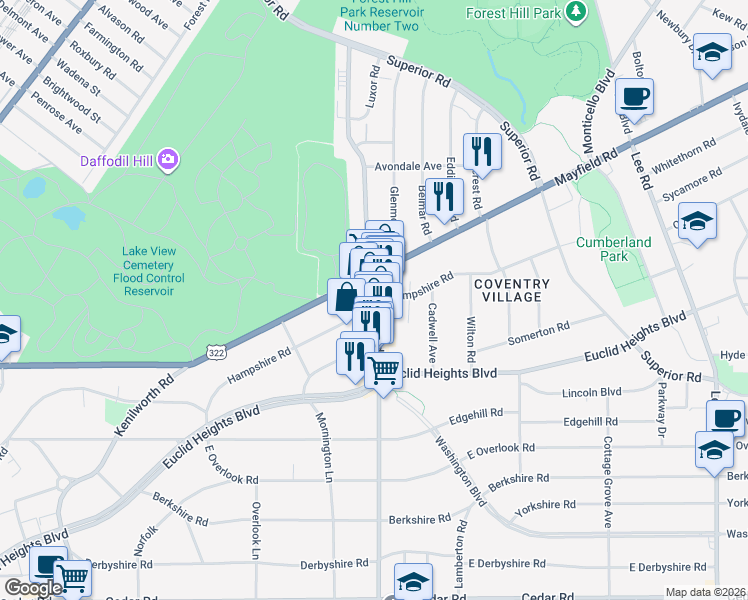 map of restaurants, bars, coffee shops, grocery stores, and more near 1782 Coventry Road in Cleveland Heights
