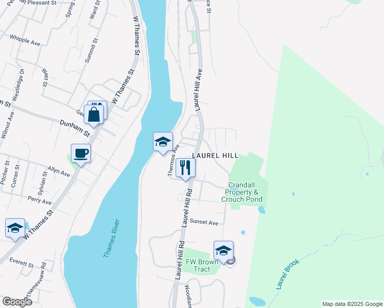 map of restaurants, bars, coffee shops, grocery stores, and more near 369 Laurel Hill Avenue in Norwich