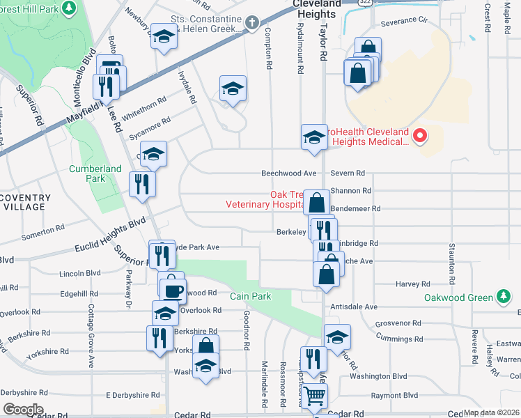 map of restaurants, bars, coffee shops, grocery stores, and more near 3357 Desota Avenue in Cleveland Heights
