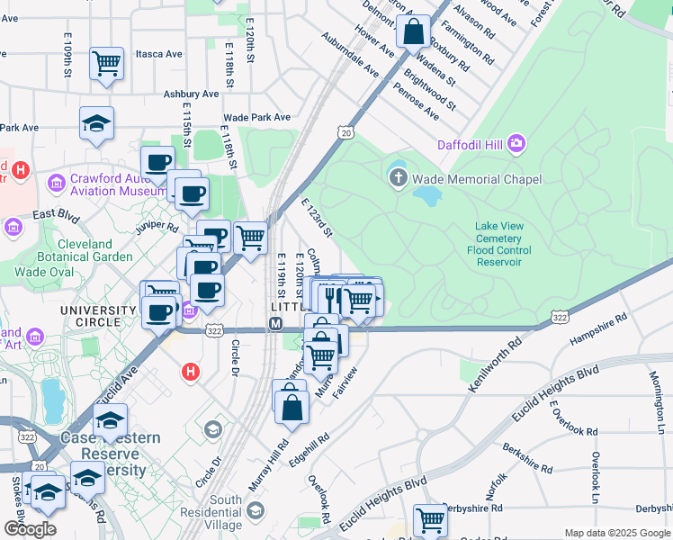 map of restaurants, bars, coffee shops, grocery stores, and more near 1919 East 123rd Street in Cleveland