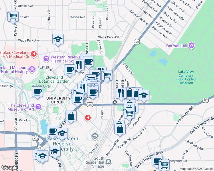 map of restaurants, bars, coffee shops, grocery stores, and more near 11702 Euclid Avenue in Cleveland