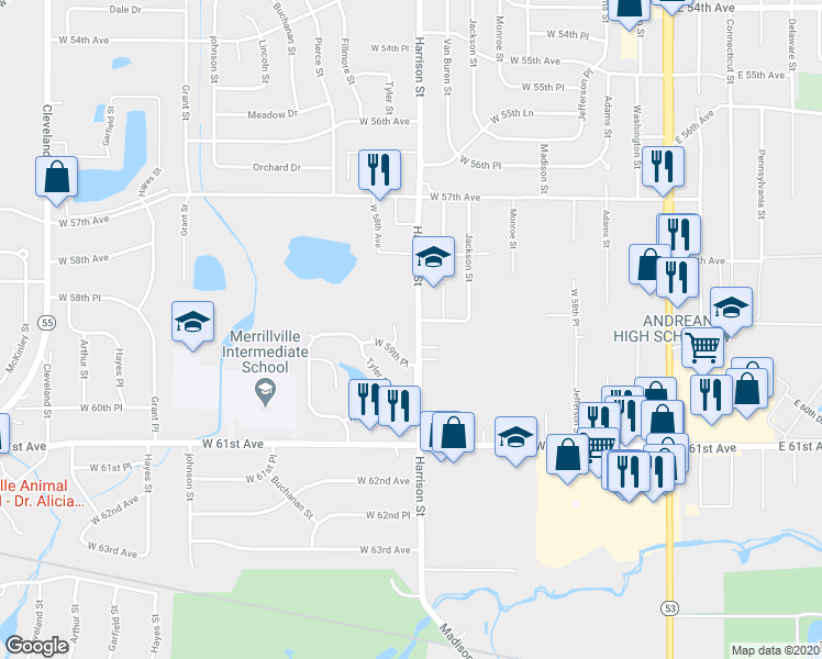 map of restaurants, bars, coffee shops, grocery stores, and more near 824 West 59th Place in Merrillville