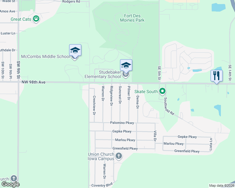 map of restaurants, bars, coffee shops, grocery stores, and more near 8018 Suncrest Drive in Des Moines