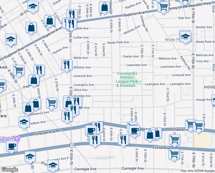 map of restaurants, bars, coffee shops, grocery stores, and more near 6316 Lexington Avenue in Cleveland