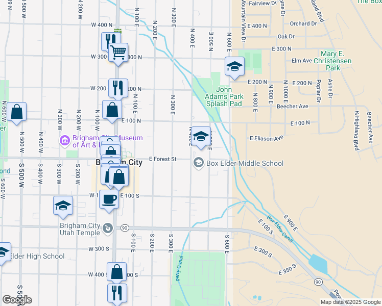map of restaurants, bars, coffee shops, grocery stores, and more near 18 North 400 East in Brigham City