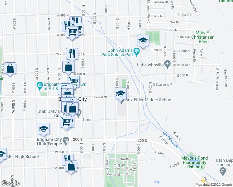 map of restaurants, bars, coffee shops, grocery stores, and more near 18 North 400 East in Brigham City