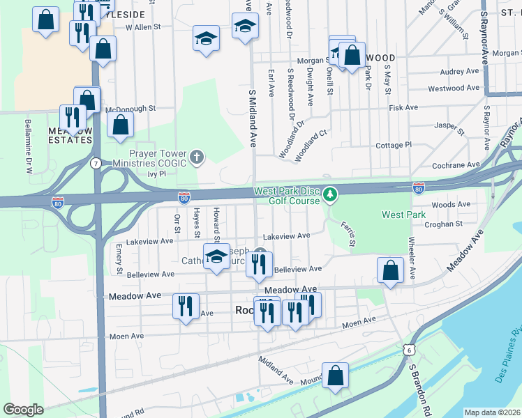 map of restaurants, bars, coffee shops, grocery stores, and more near 1320 Kinsey Avenue in Joliet