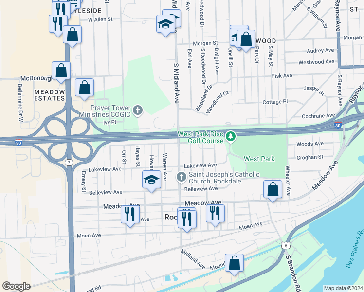 map of restaurants, bars, coffee shops, grocery stores, and more near 1320 Kinsey Avenue in Joliet