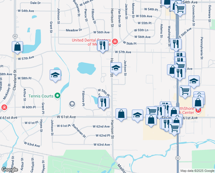 map of restaurants, bars, coffee shops, grocery stores, and more near 824 West 59th Place in Merrillville