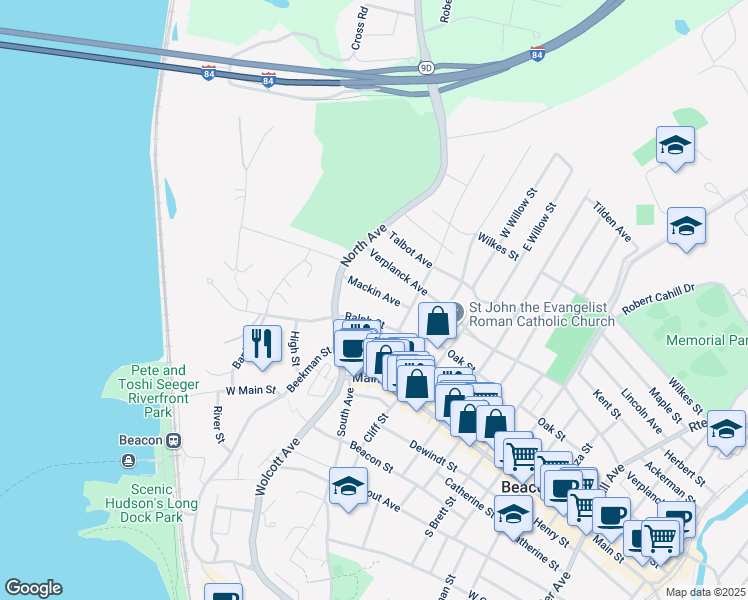 map of restaurants, bars, coffee shops, grocery stores, and more near 24 Mackin Avenue in Beacon