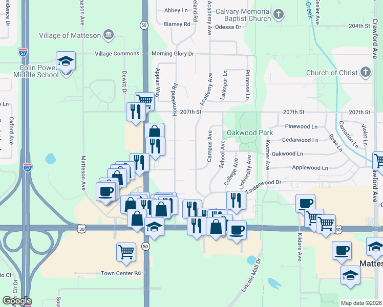 map of restaurants, bars, coffee shops, grocery stores, and more near 830 Academy Avenue in Matteson
