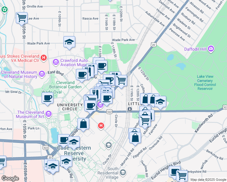 map of restaurants, bars, coffee shops, grocery stores, and more near Euclid Ave & E 116th St in Cleveland