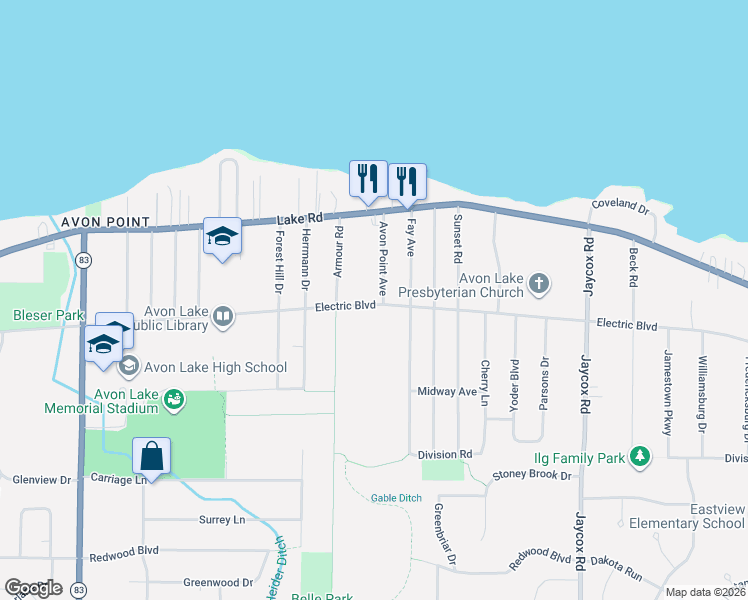 map of restaurants, bars, coffee shops, grocery stores, and more near 152 Avon Point Avenue in Avon Lake