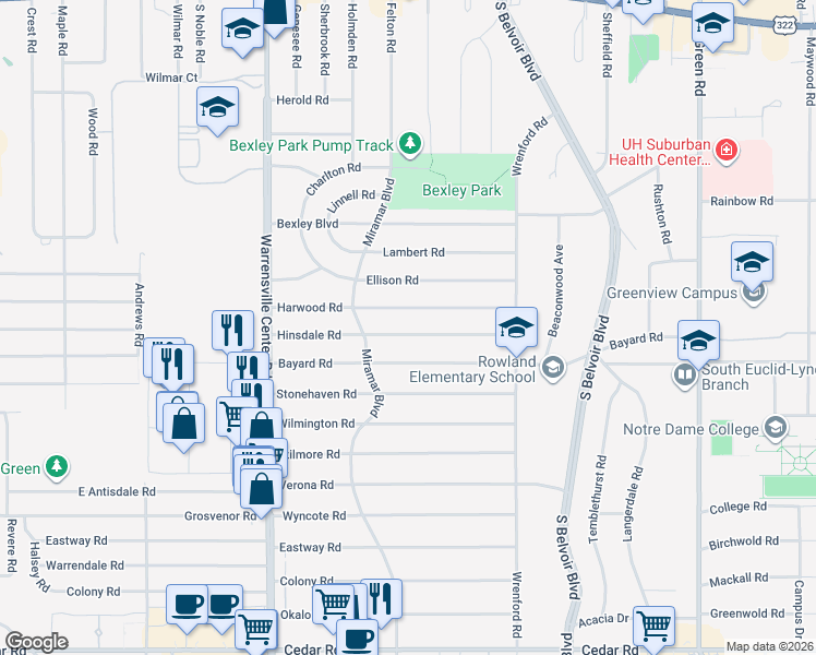 map of restaurants, bars, coffee shops, grocery stores, and more near 4141 Hinsdale Road in South Euclid