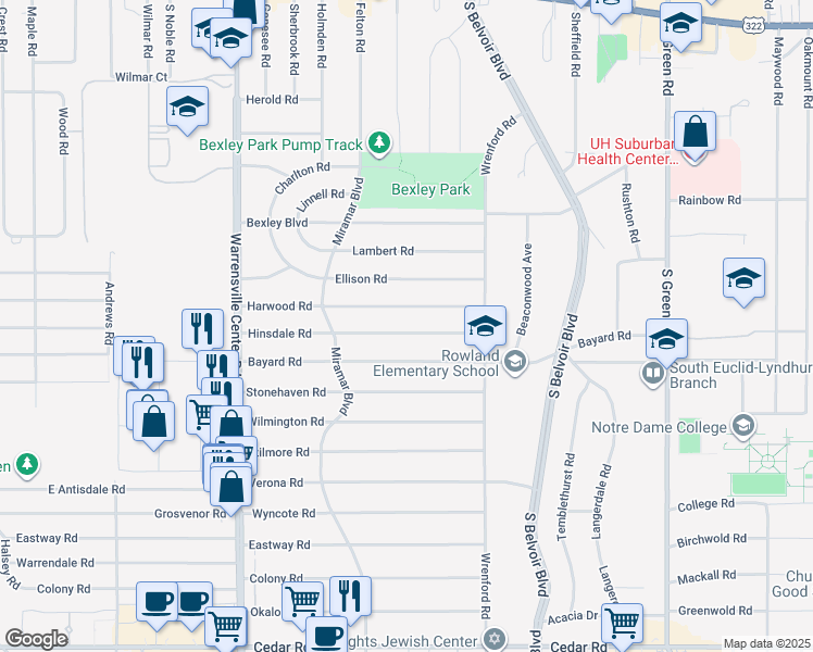 map of restaurants, bars, coffee shops, grocery stores, and more near 4171 Hinsdale Road in South Euclid