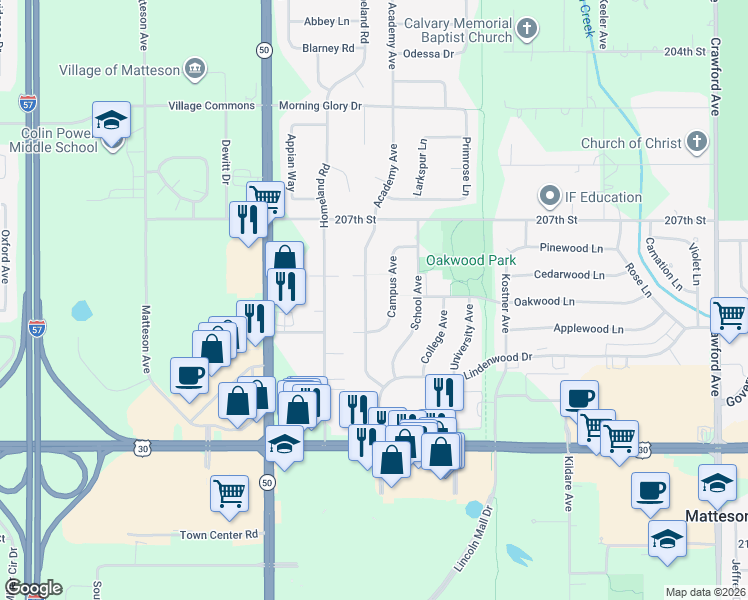 map of restaurants, bars, coffee shops, grocery stores, and more near 824 Campus Avenue in Matteson