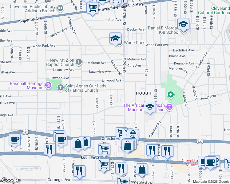 map of restaurants, bars, coffee shops, grocery stores, and more near 7725 Lexington Avenue in Cleveland