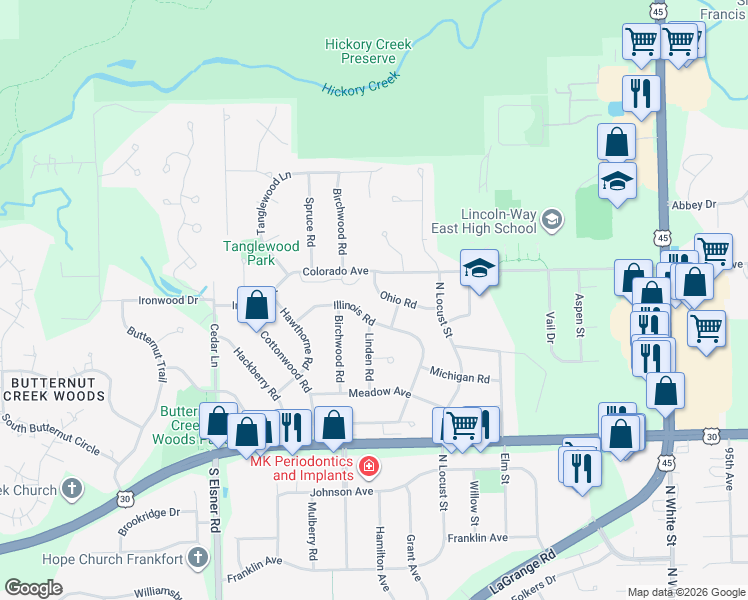 map of restaurants, bars, coffee shops, grocery stores, and more near 507 Illinois Road in Frankfort