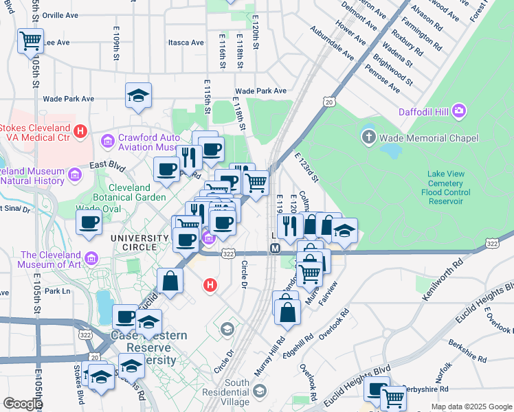 map of restaurants, bars, coffee shops, grocery stores, and more near 11702 Euclid Avenue in Cleveland