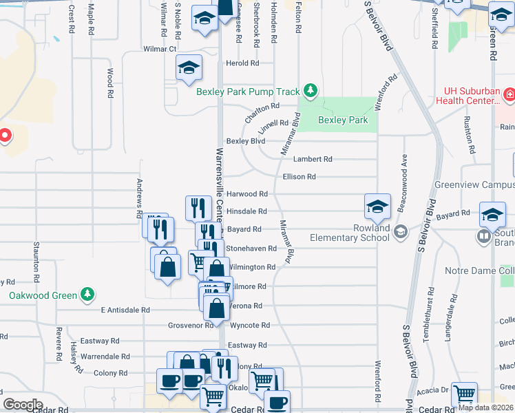 map of restaurants, bars, coffee shops, grocery stores, and more near 4053 Hinsdale Road in South Euclid
