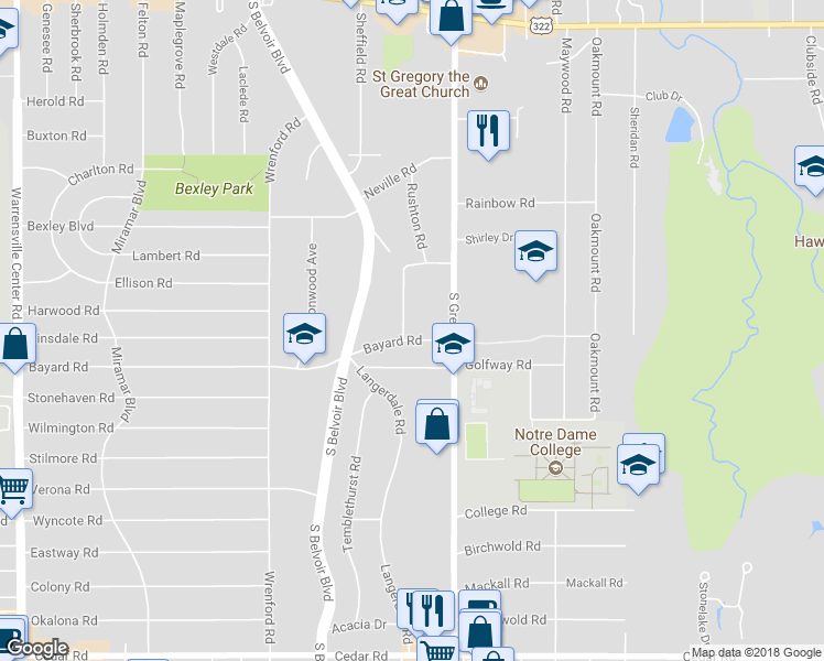 map of restaurants, bars, coffee shops, grocery stores, and more near 1791 Donwell Drive in South Euclid