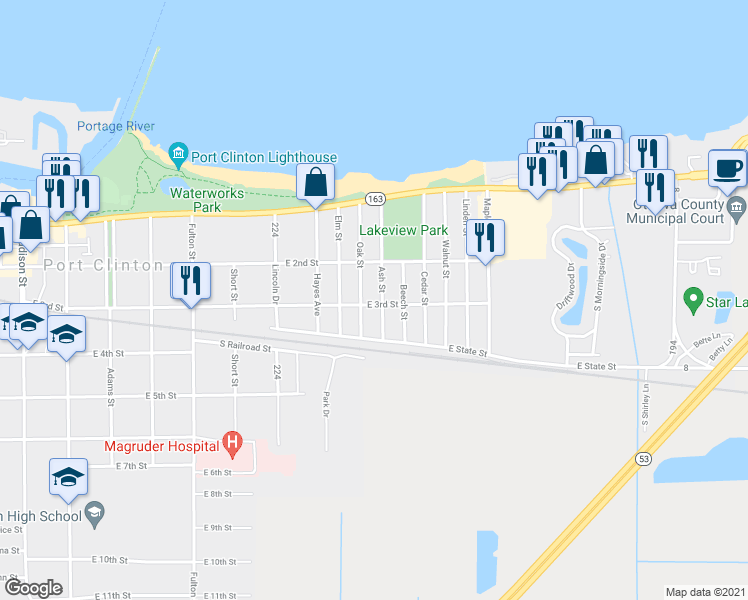 map of restaurants, bars, coffee shops, grocery stores, and more near 1009 East 3rd Street in Port Clinton