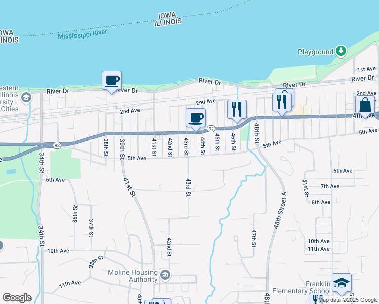 map of restaurants, bars, coffee shops, grocery stores, and more near 444 43rd Street in Moline