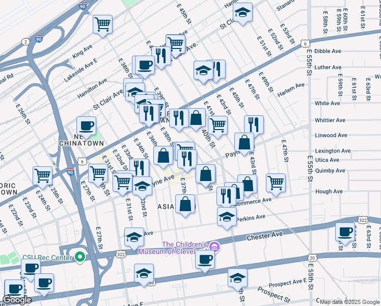 map of restaurants, bars, coffee shops, grocery stores, and more near 1622 East 39th Street in Cleveland