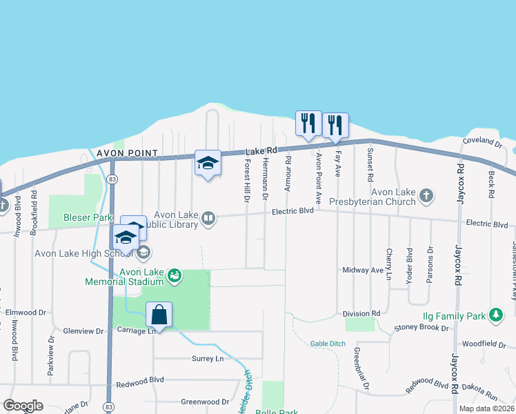map of restaurants, bars, coffee shops, grocery stores, and more near 32560 Electric Blvd in Avon Lake