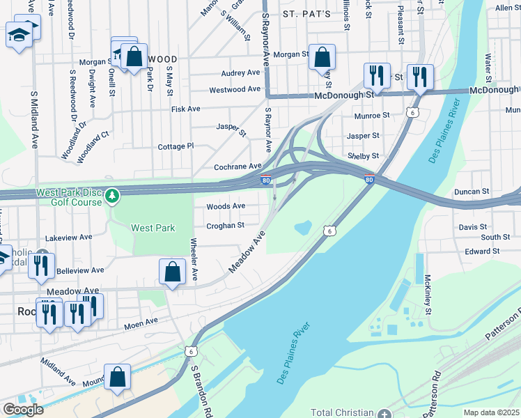 map of restaurants, bars, coffee shops, grocery stores, and more near 806 Woods Avenue in Joliet