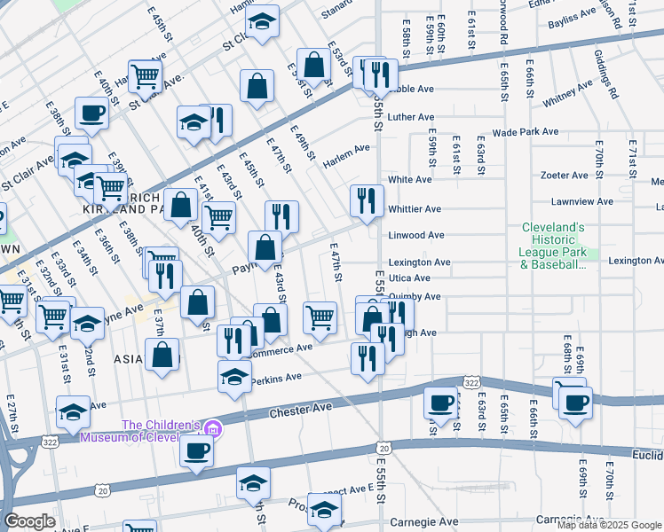map of restaurants, bars, coffee shops, grocery stores, and more near 1736 East 47th Street in Cleveland