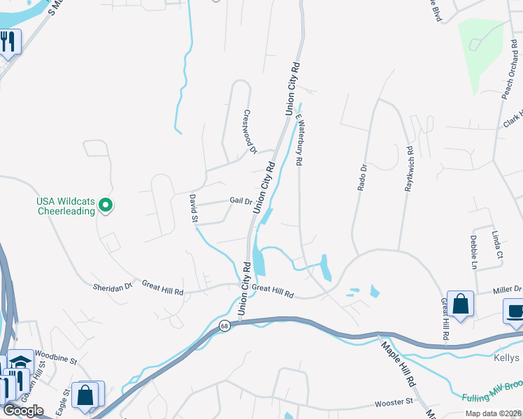 map of restaurants, bars, coffee shops, grocery stores, and more near 164 Union City Road in Naugatuck
