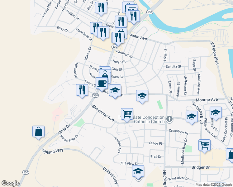 map of restaurants, bars, coffee shops, grocery stores, and more near 125-185 Monroe Avenue in Green River