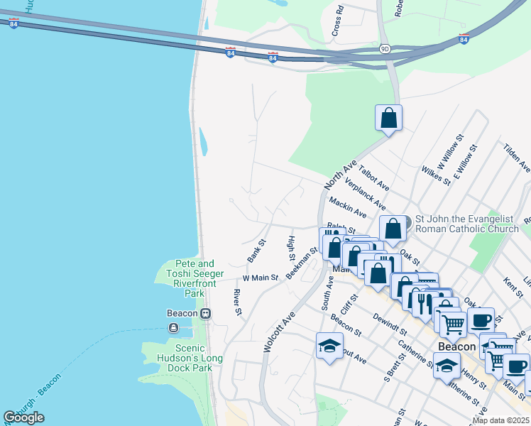 map of restaurants, bars, coffee shops, grocery stores, and more near 193 Tompkins Terrace in Beacon