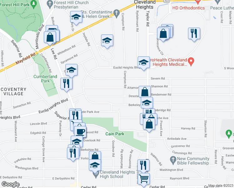 map of restaurants, bars, coffee shops, grocery stores, and more near 3345 Desota Avenue in Cleveland Heights