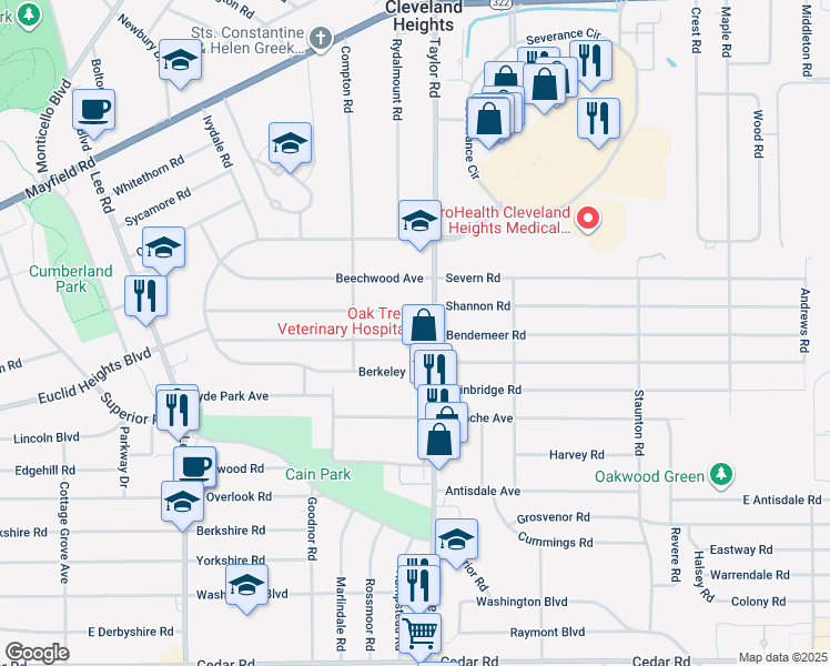 map of restaurants, bars, coffee shops, grocery stores, and more near 3443 Desota Avenue in Cleveland Heights