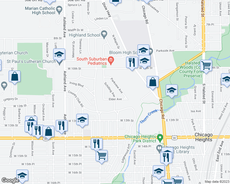 map of restaurants, bars, coffee shops, grocery stores, and more near 1129 Schilling Avenue in Chicago Heights