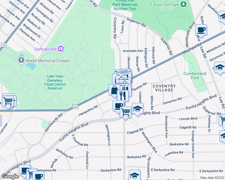 map of restaurants, bars, coffee shops, grocery stores, and more near 2744 Mayfield Road in Cleveland Heights