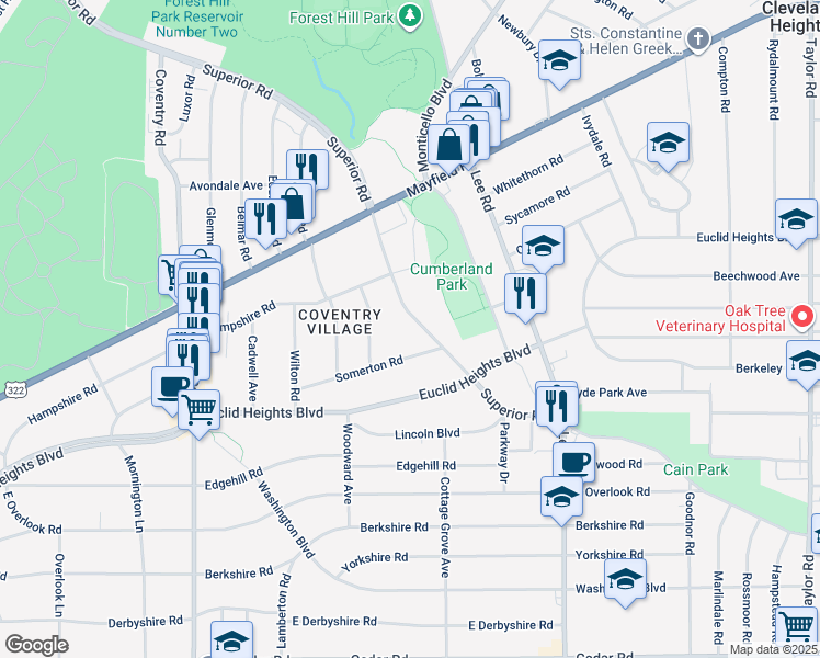 map of restaurants, bars, coffee shops, grocery stores, and more near 14334 Superior Road in Cleveland Heights