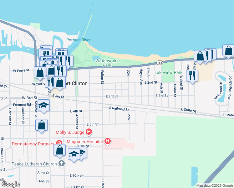 map of restaurants, bars, coffee shops, grocery stores, and more near 601 East 3rd Street in Port Clinton