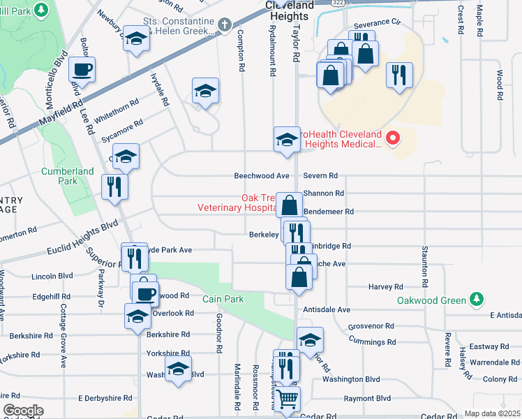 map of restaurants, bars, coffee shops, grocery stores, and more near 3405 Desota Avenue in Cleveland Heights