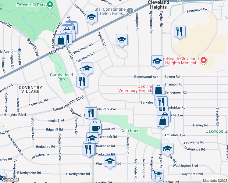 map of restaurants, bars, coffee shops, grocery stores, and more near 3277 Desota Avenue in Cleveland Heights
