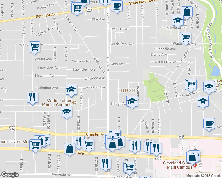 map of restaurants, bars, coffee shops, grocery stores, and more near 1661 East 79th Street in Cleveland