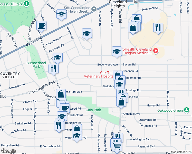 map of restaurants, bars, coffee shops, grocery stores, and more near 3357 Desota Avenue in Cleveland Heights