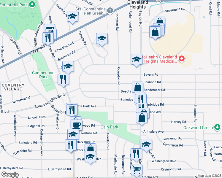 map of restaurants, bars, coffee shops, grocery stores, and more near 3357 Desota Avenue in Cleveland Heights