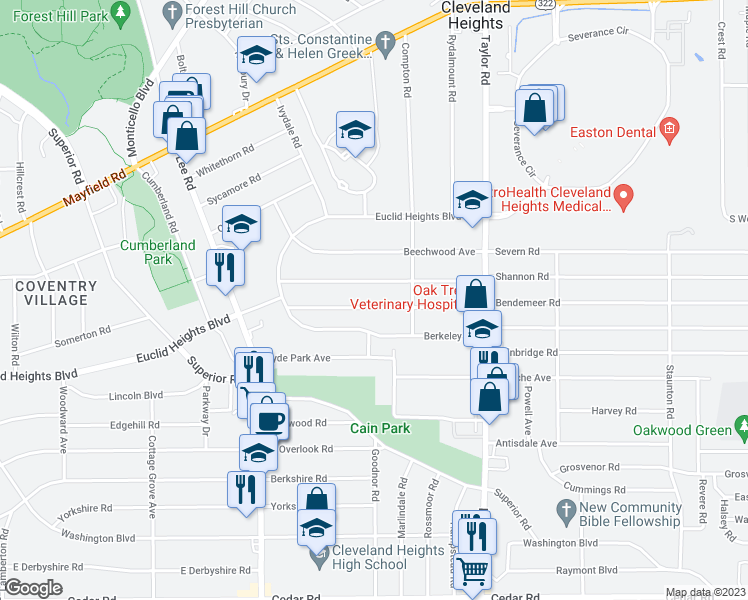 map of restaurants, bars, coffee shops, grocery stores, and more near 3319 Desota Avenue in Cleveland Heights