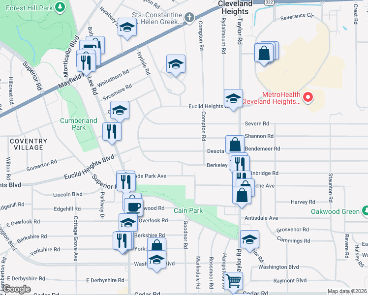 map of restaurants, bars, coffee shops, grocery stores, and more near 3319 Desota Avenue in Cleveland Heights