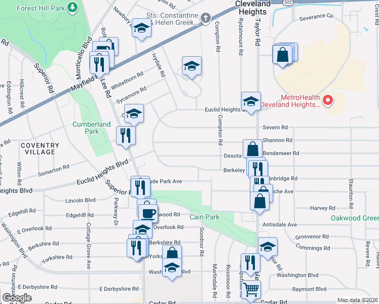 map of restaurants, bars, coffee shops, grocery stores, and more near 3319 Desota Avenue in Cleveland Heights